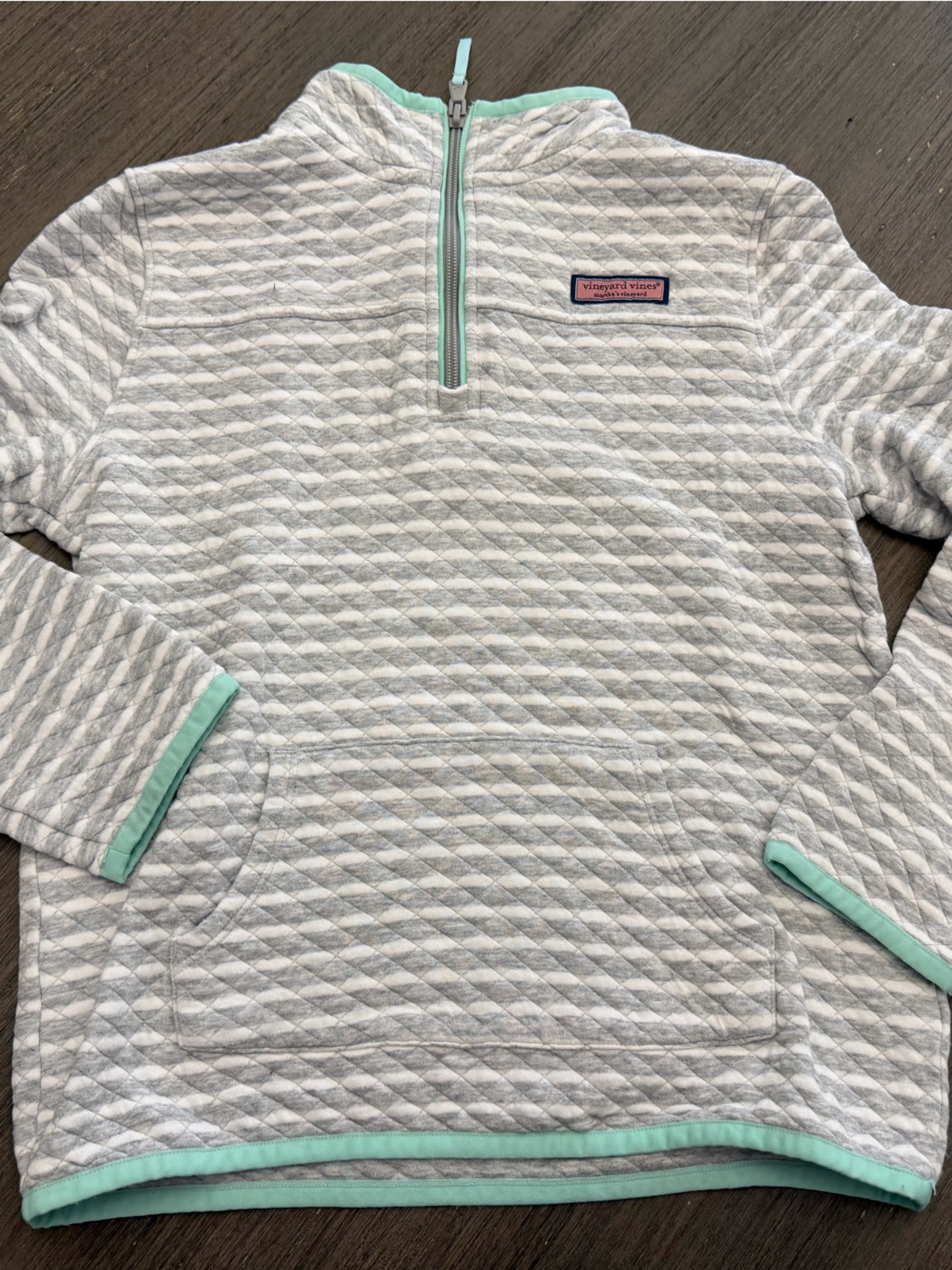 Vineyard Vines Gray Quilted Pullover With Mint Trim
